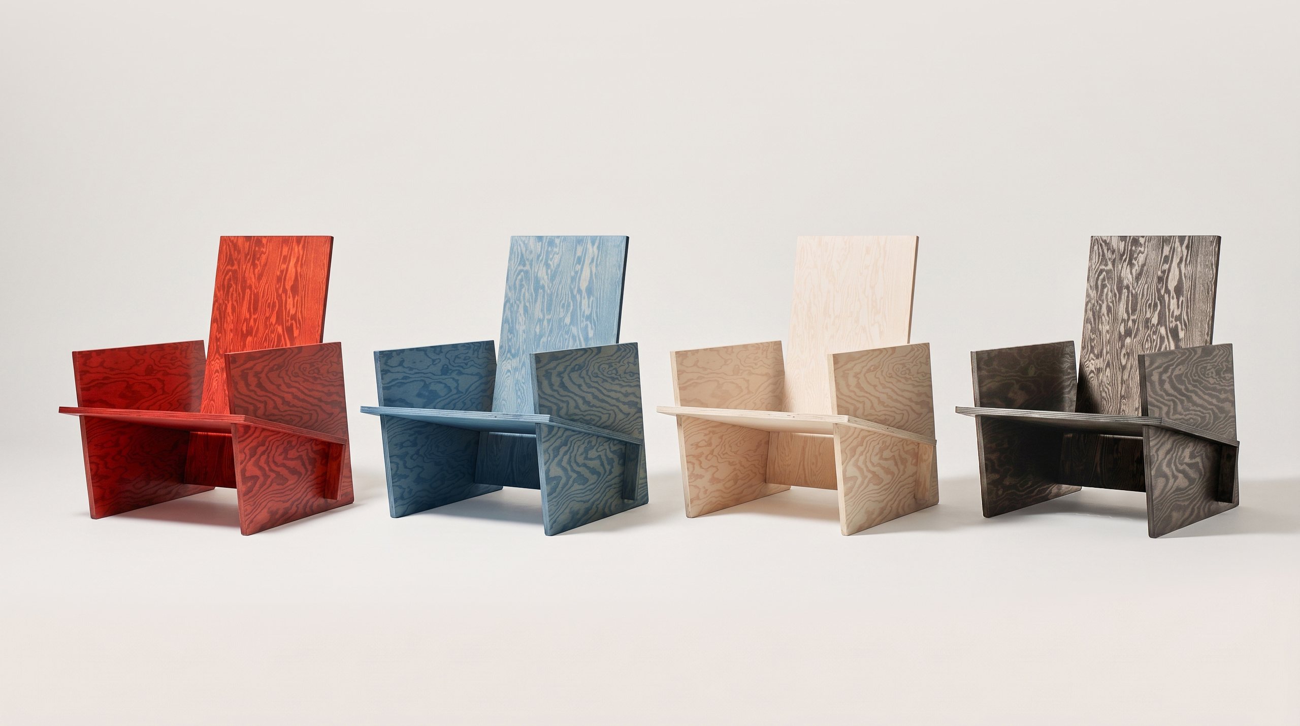 Lounge Chair 001 in canyon red, dusty blue, natural and black
