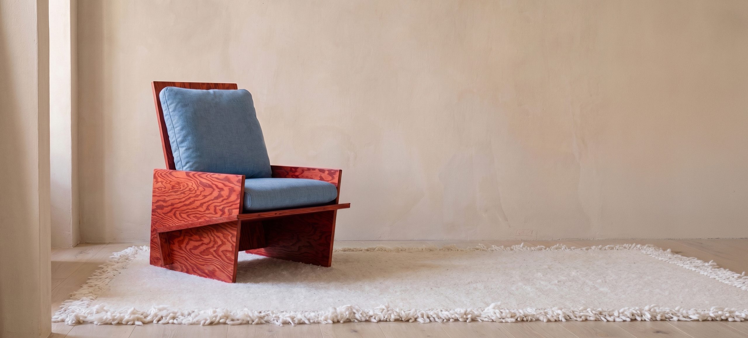 Lounge Chair 001 with a blue cushion on a white wool rug against a plaster wall